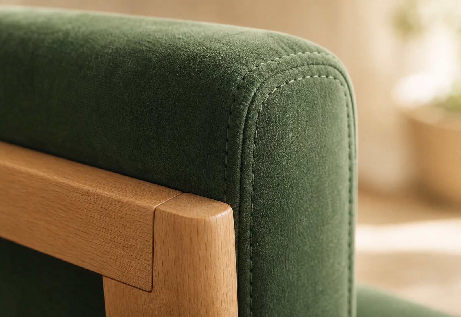 Close-up of double stitching on upholstery and wood joint