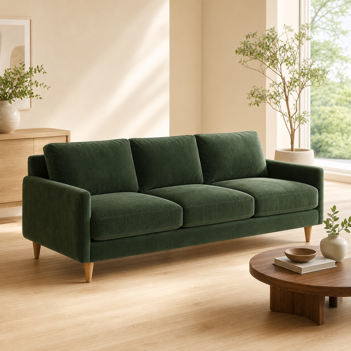 Green velvet sofa set in a warm showroom scene