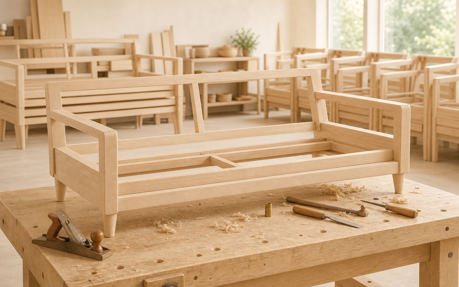 Kiln-dried beech sofa frames in the workshop