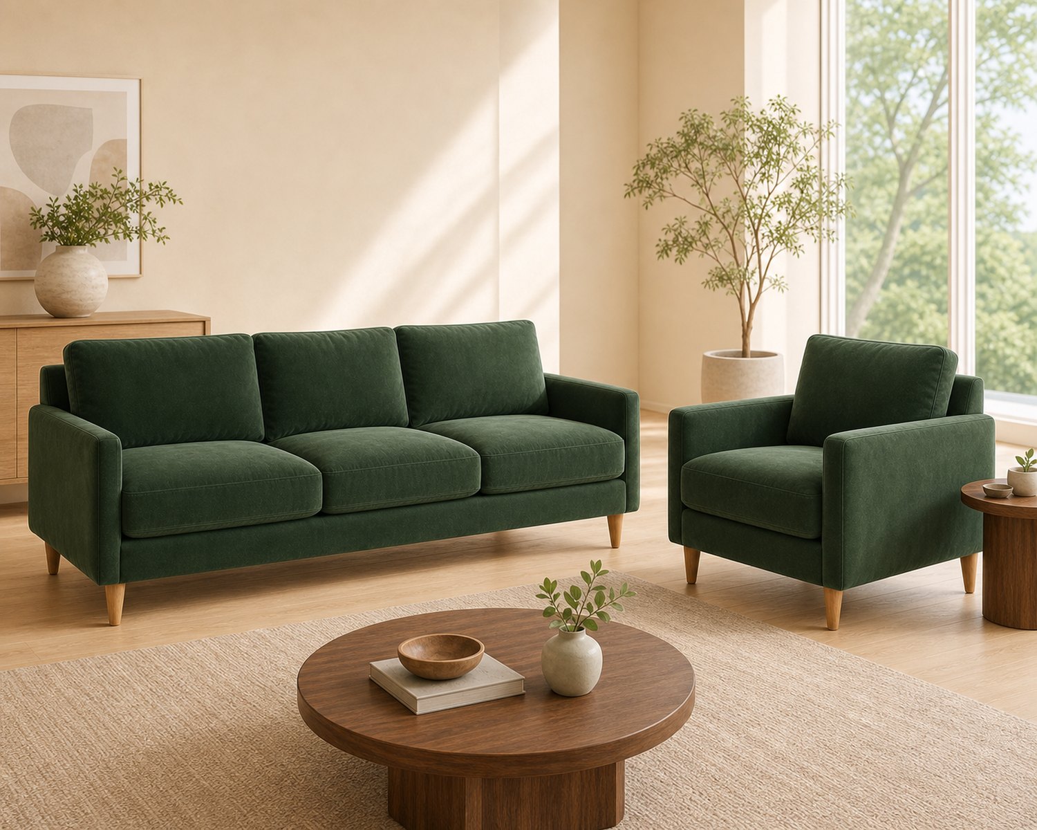 Green velvet sofa set with camel legs