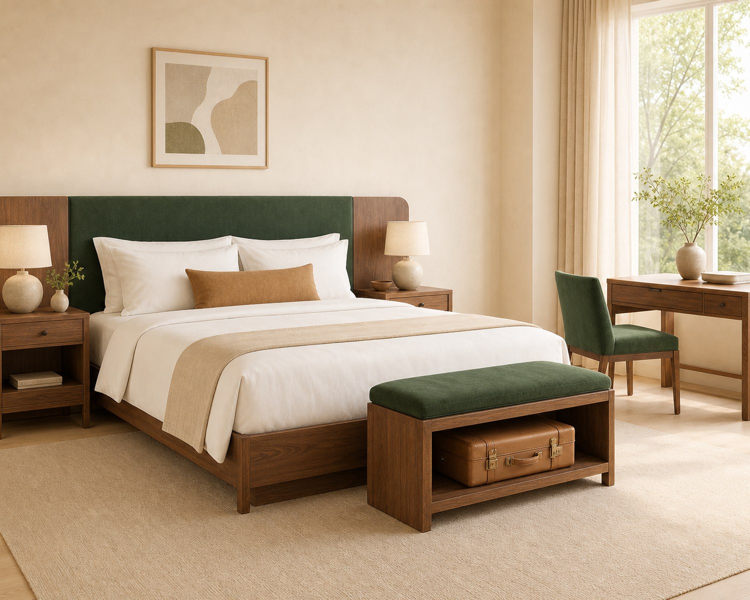 Hotel room furniture set with bed and desk