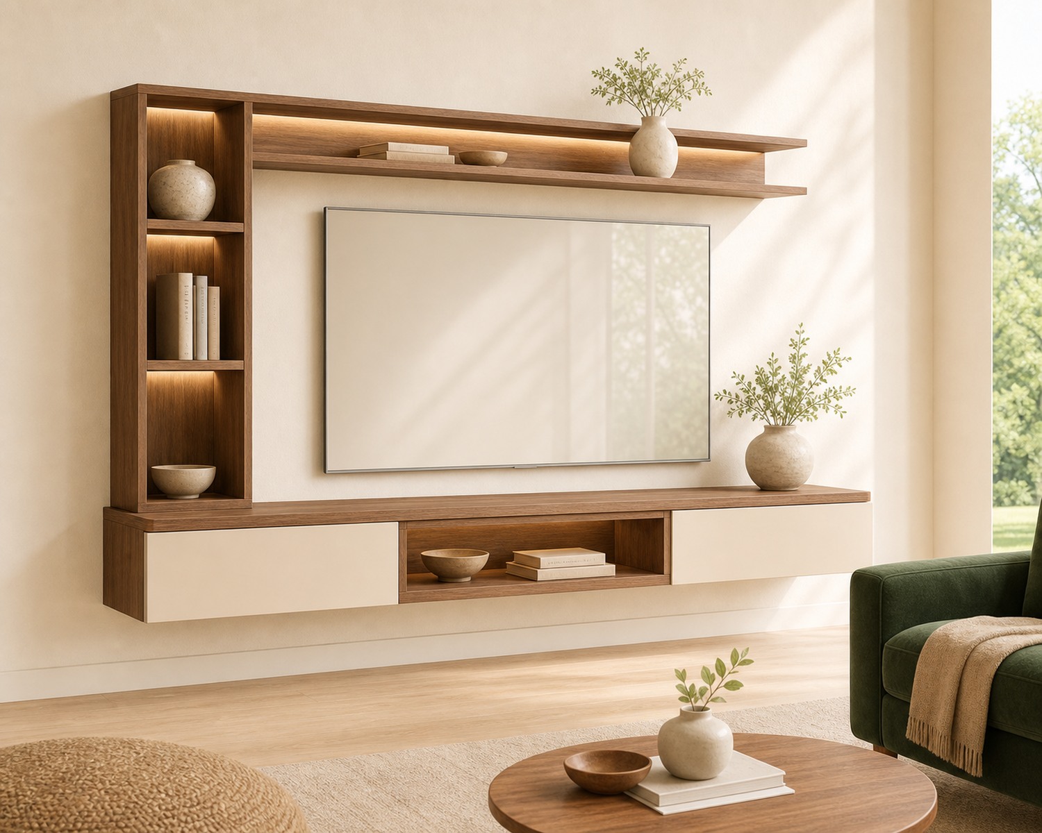 Modern TV wall unit in walnut veneer