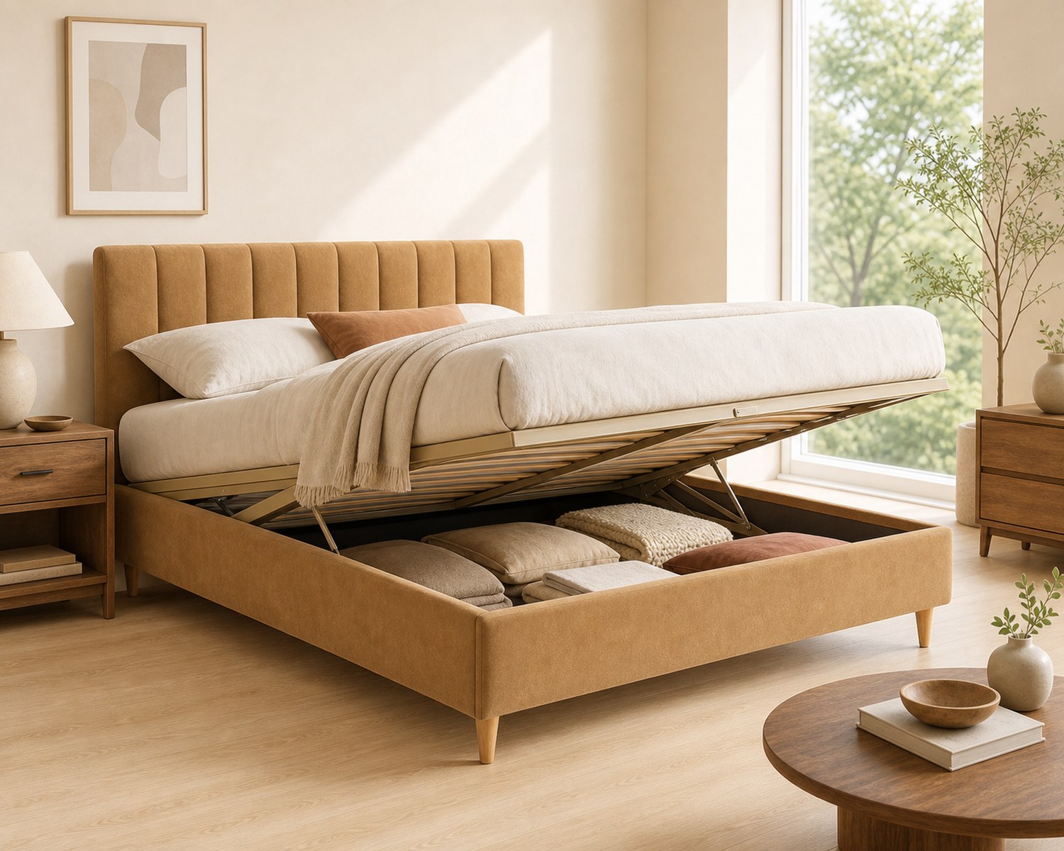 Upholstered bed with tall headboard and storage base
