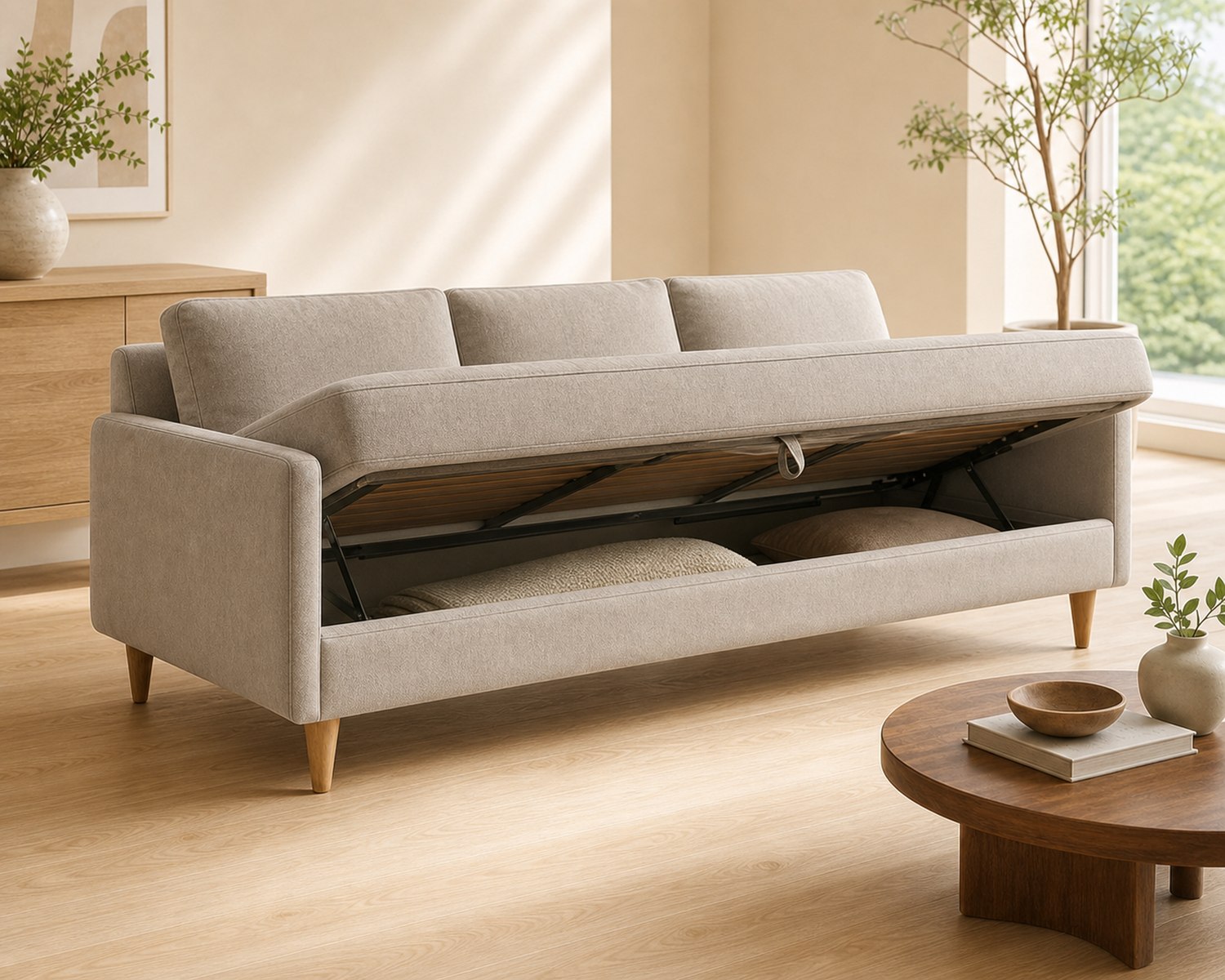 Sofa bed half opened showing storage