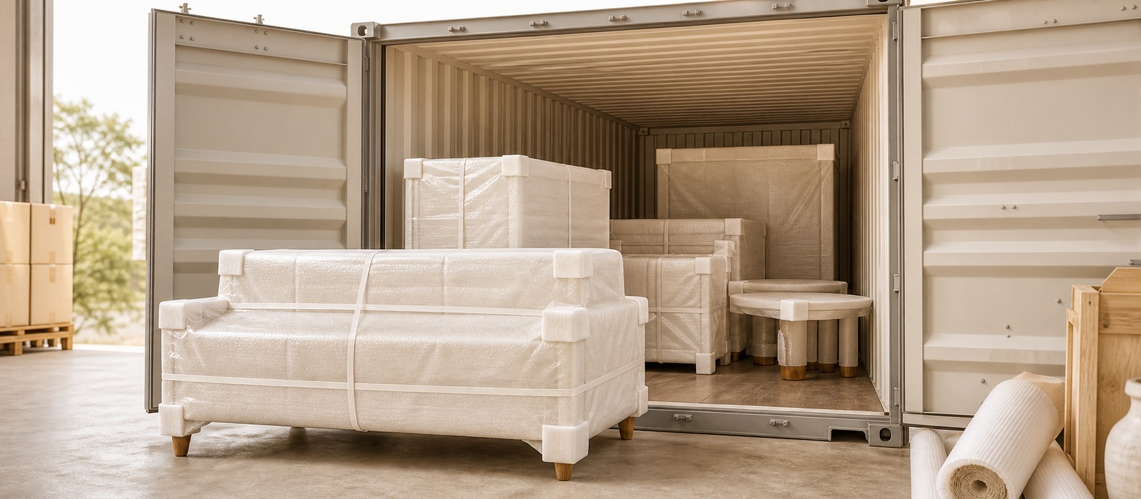 Wrapped furniture being loaded into a shipping container